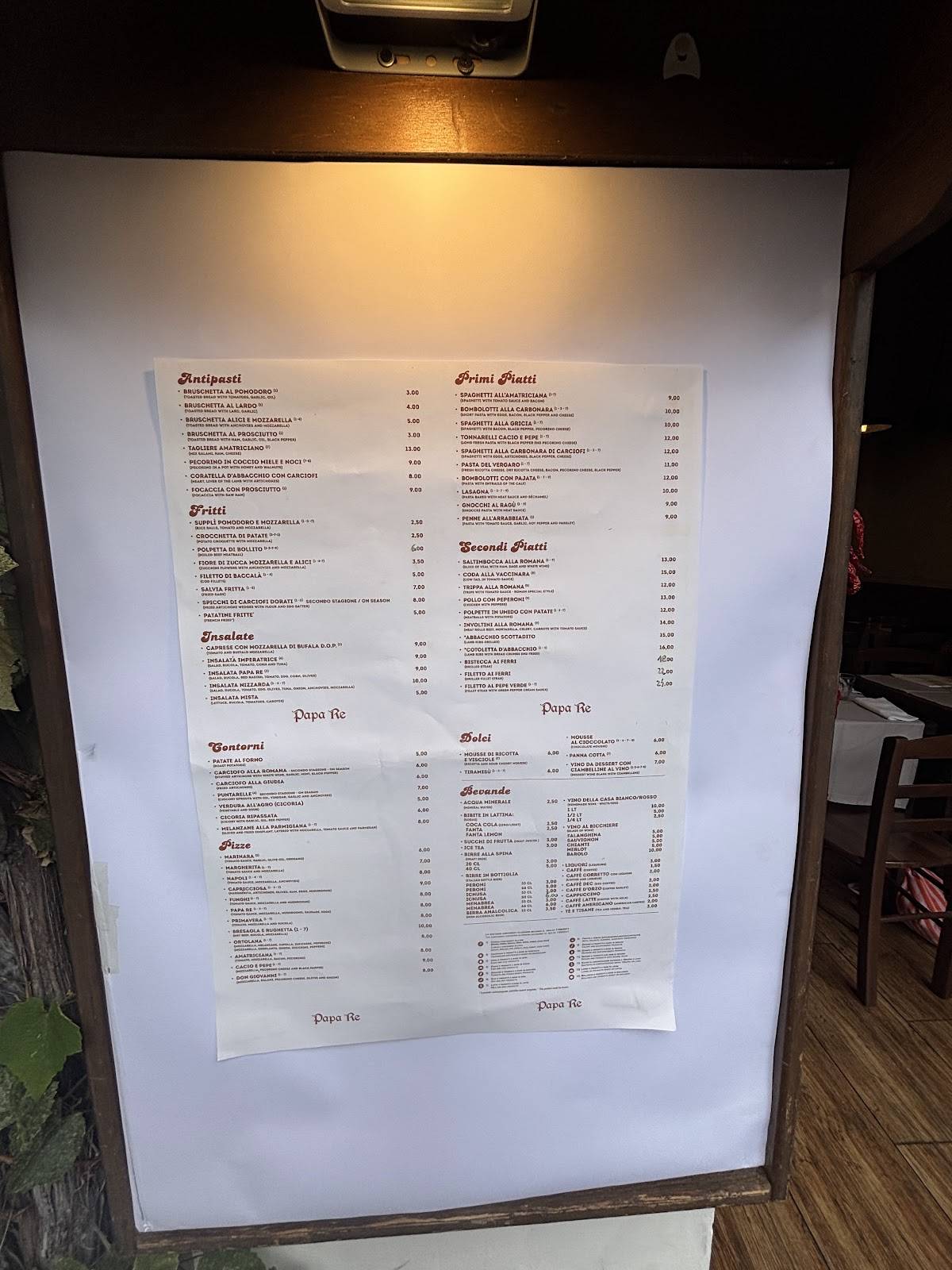 Menu di Papa Re - Trastevere 