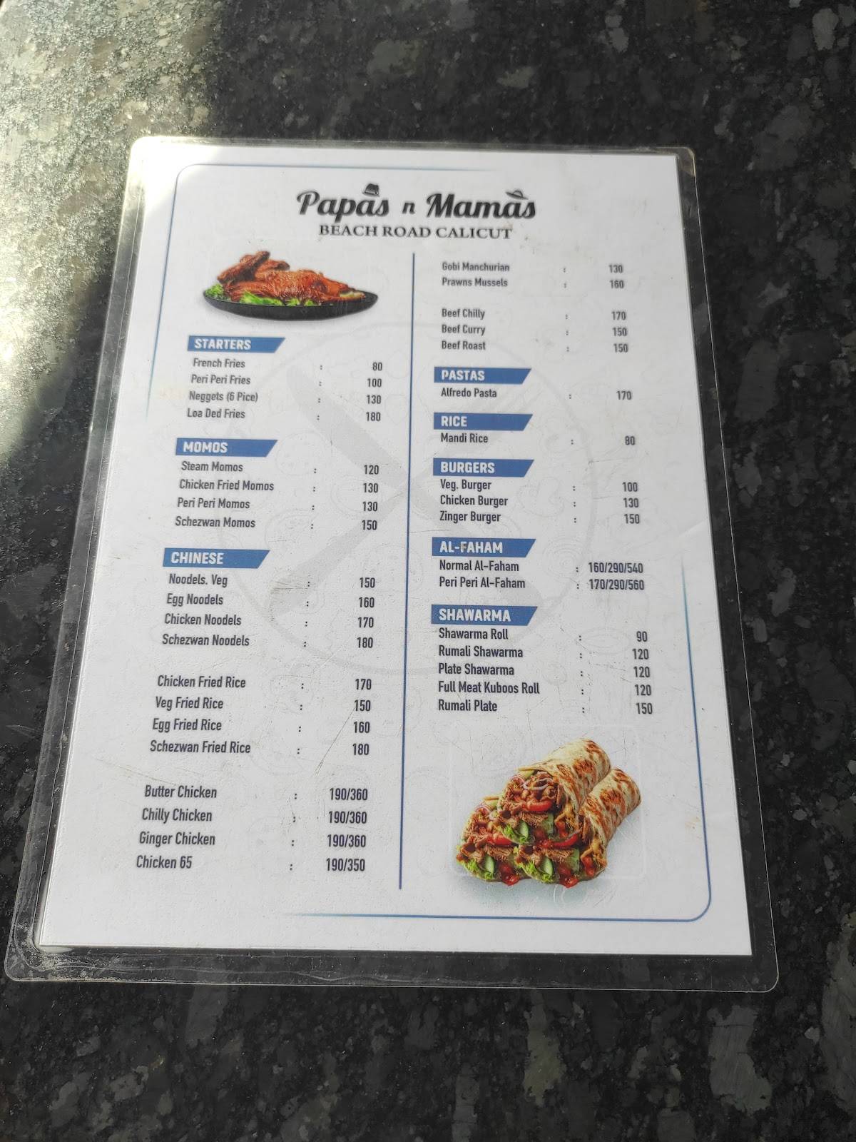 Papa's n Mama's menu