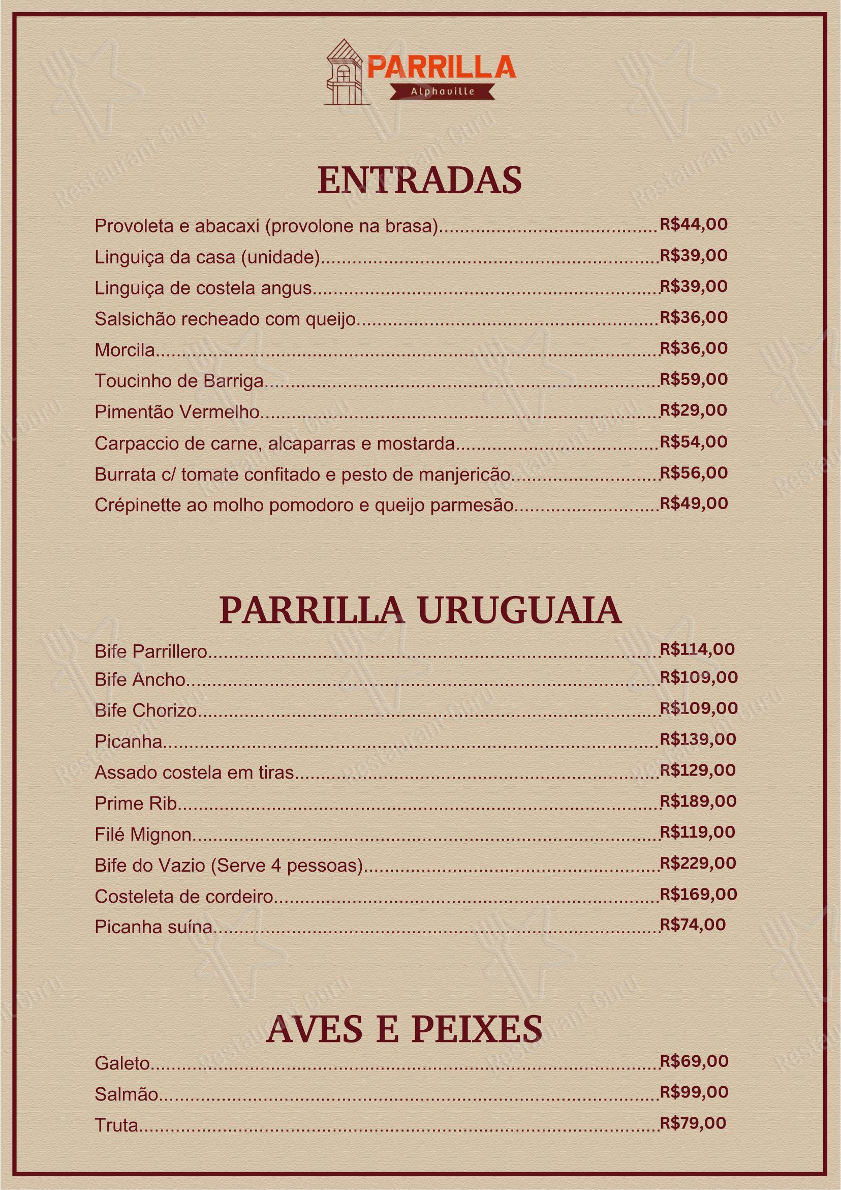Menu para Parrilla Alphaville restaurante