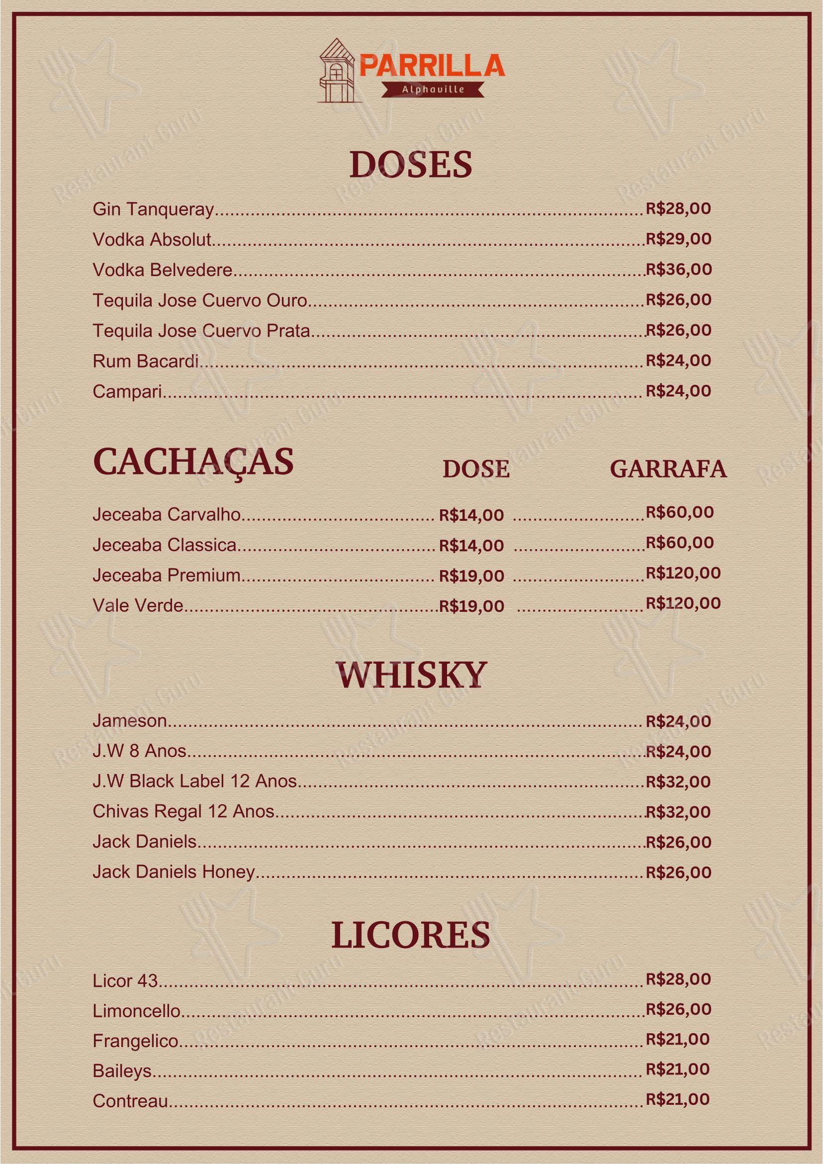 Parrilla Alphaville em Nova Lima - Menu