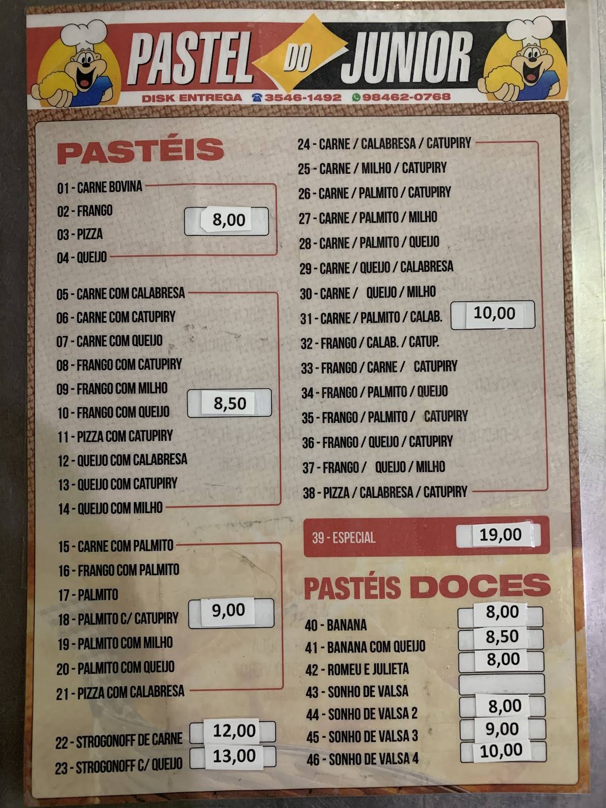 Pastelaria e Restaurante do Junior cardápio
