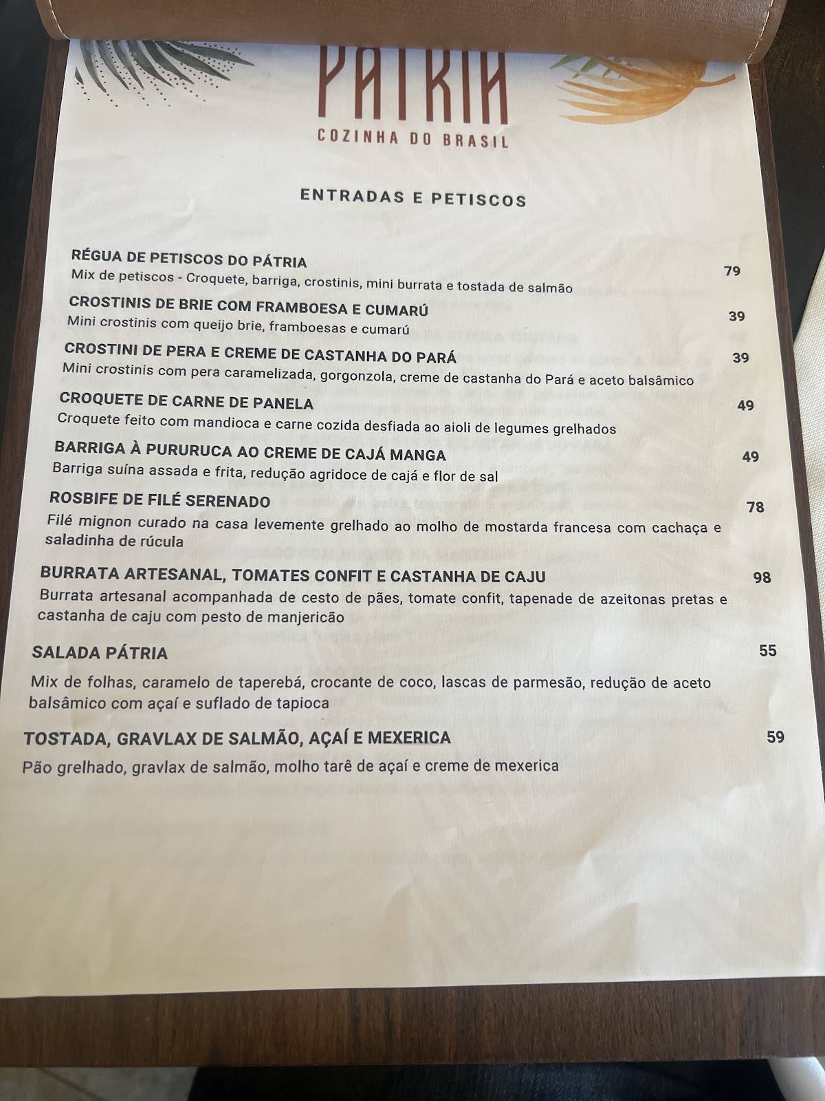 Pátria Cozinha do Brasil cardápio