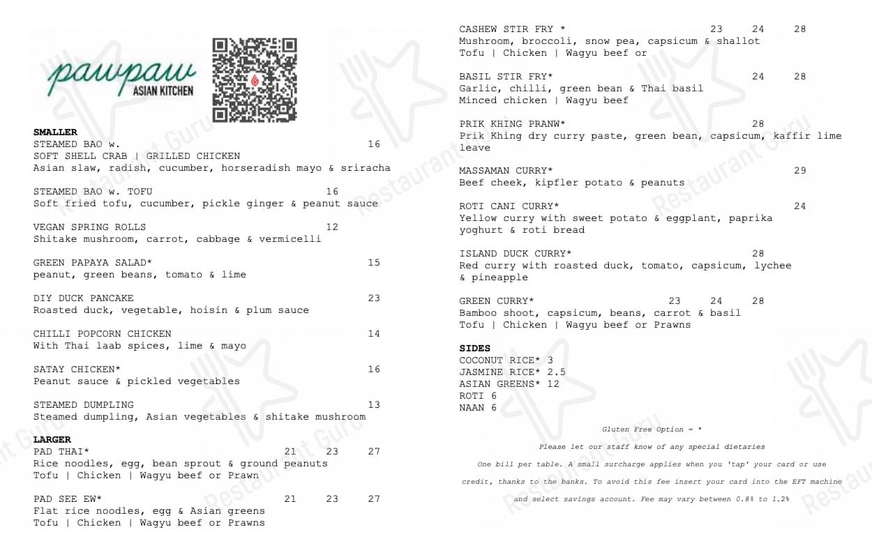 Menu at Pawpaw Asian Kitchen restaurant, East Brisbane