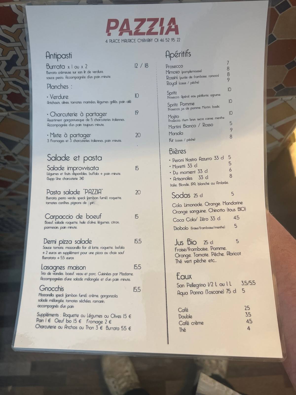 Menu de Pazzia