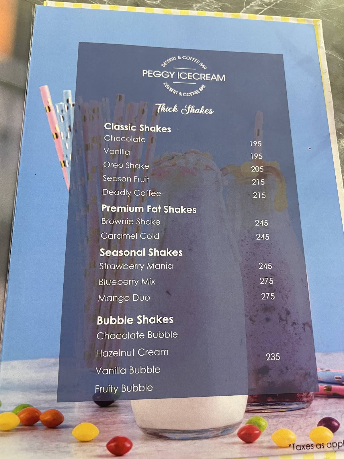 Peggy Icecream menu