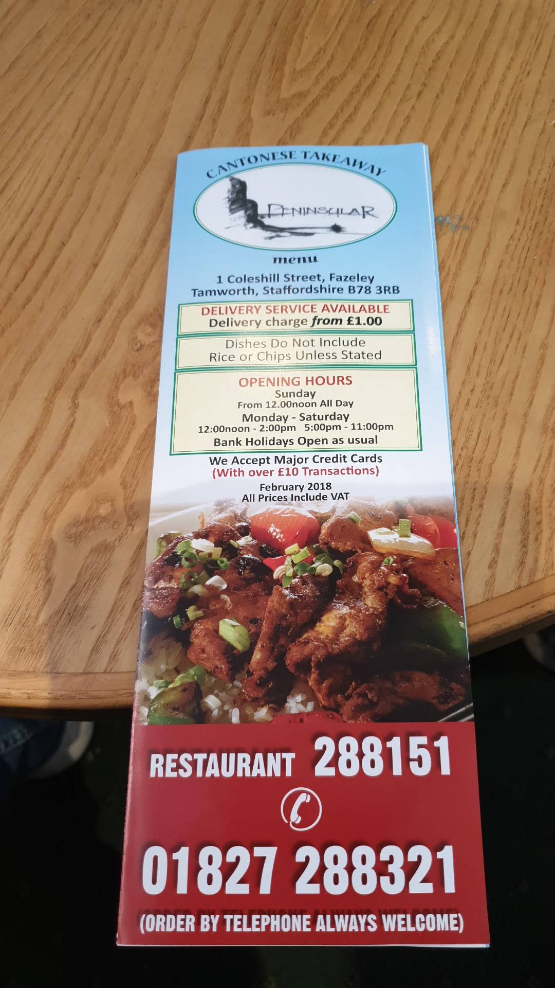 Menu at Peninsular Cantonese take away fast food, Tamworth