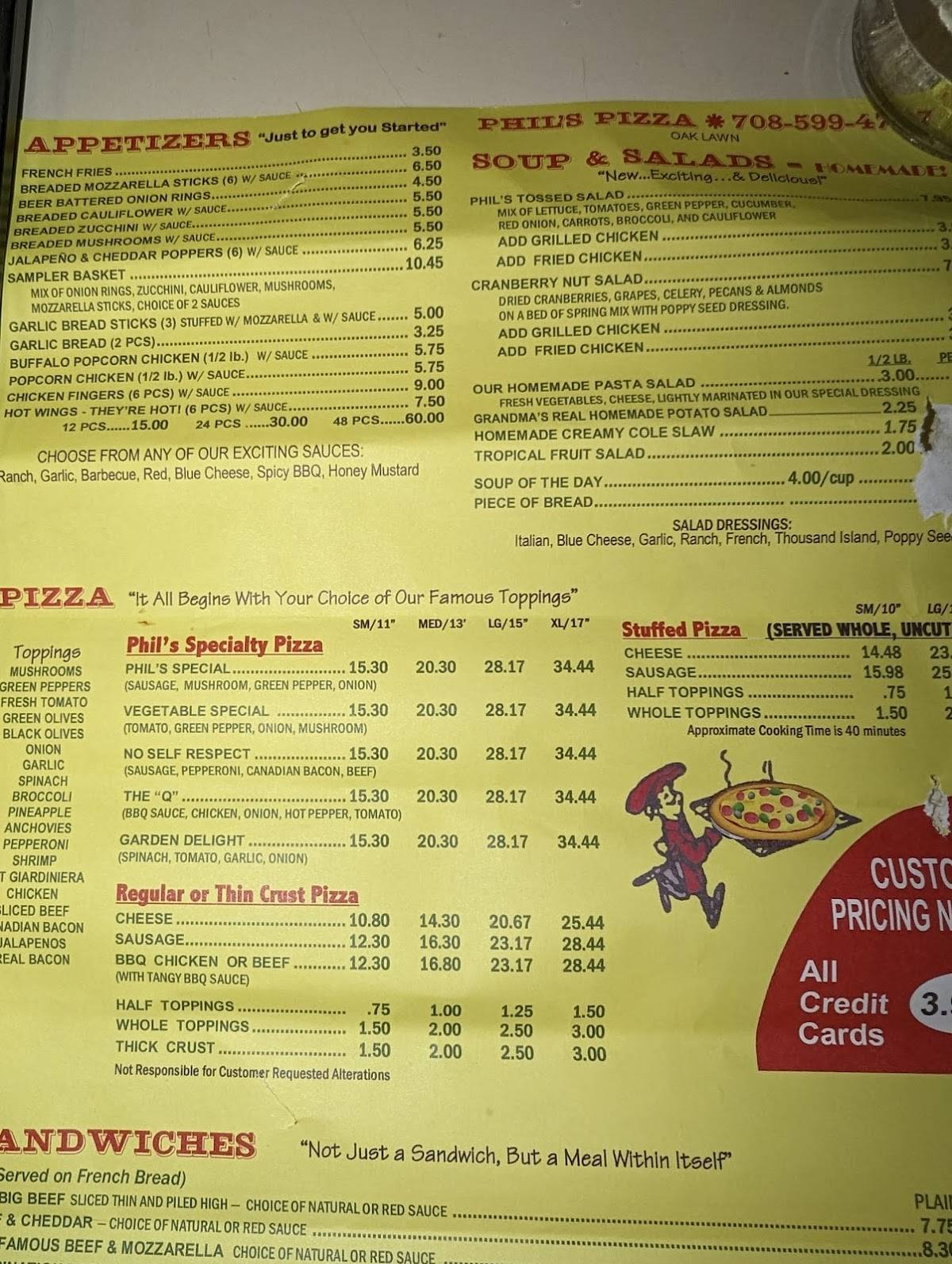 Menu at Phil's Pizza pizzeria, Oak Lawn, Ridgeland Ave