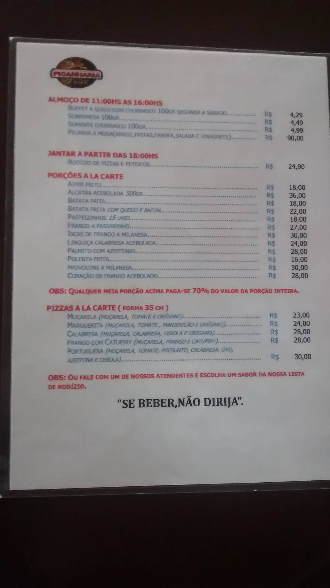 Picanharia Grill cardápio