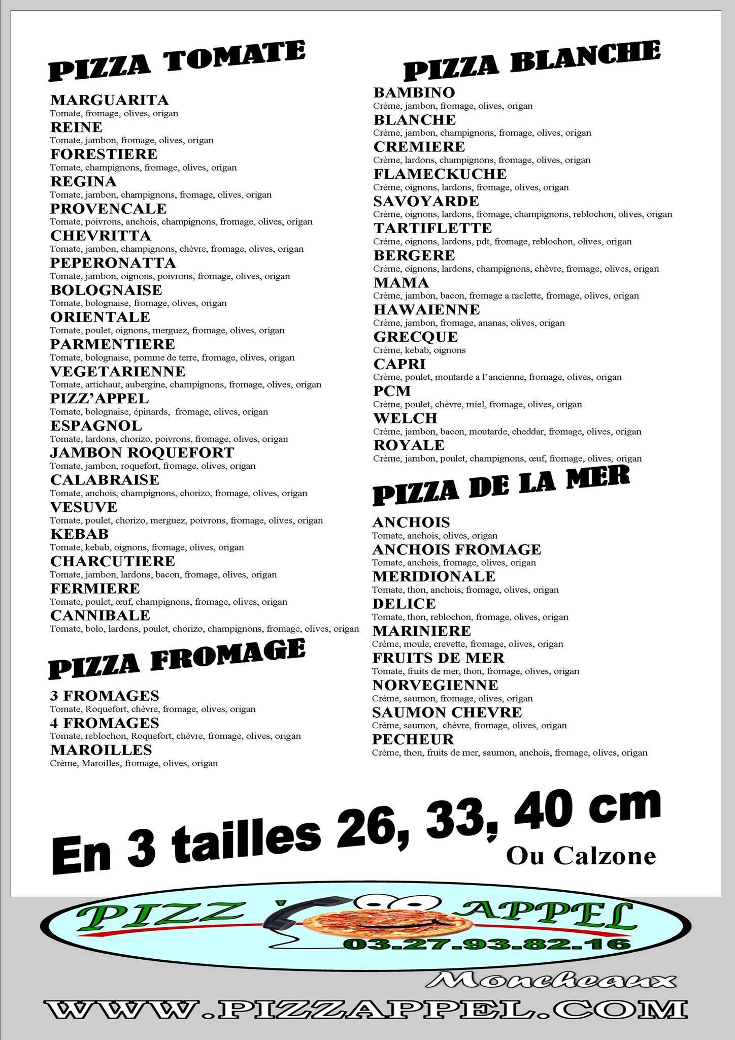 Menu de Pizz'Appel