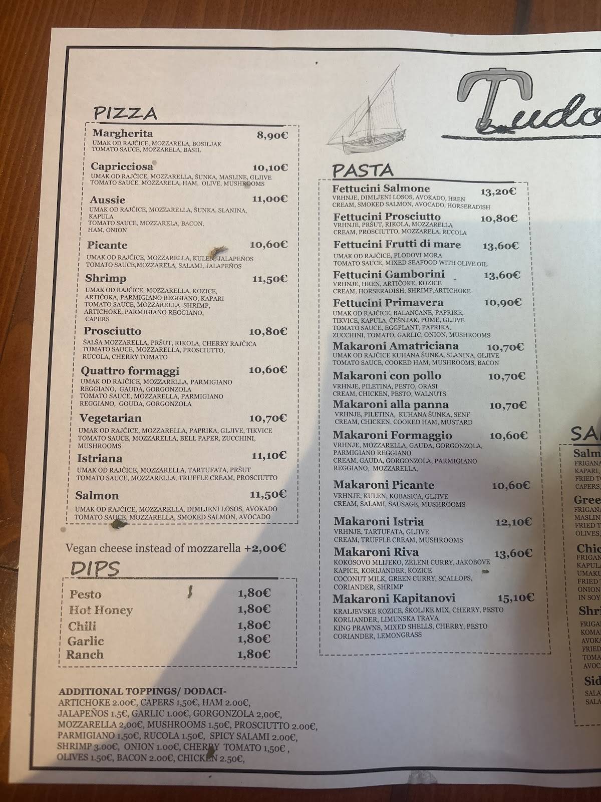 Menu di Pizza Pasta Tudors 