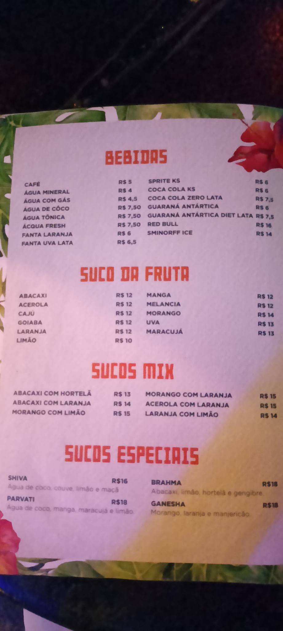 Curva do Vento cardápio