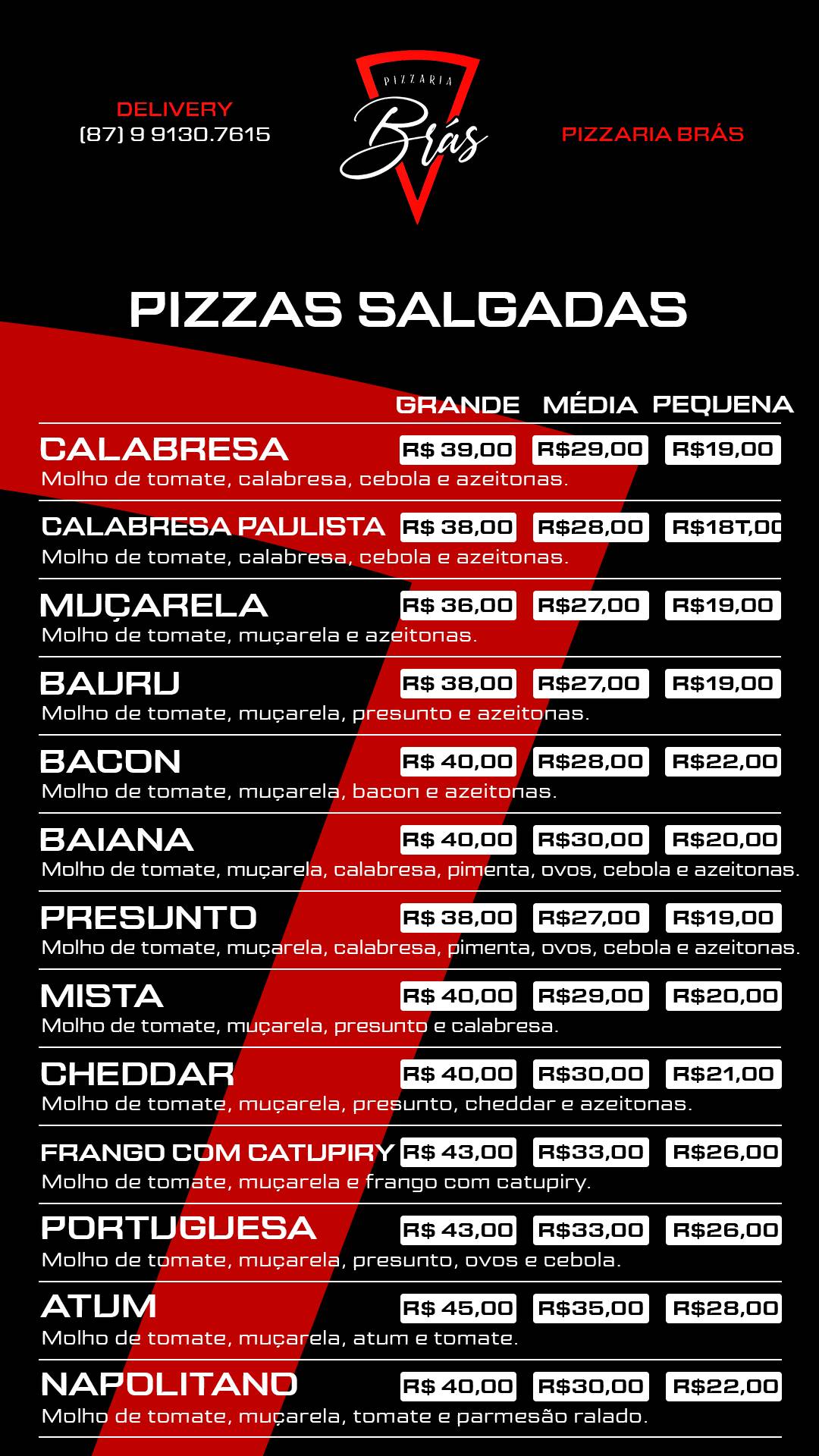 Pizzaria Brás cardápio