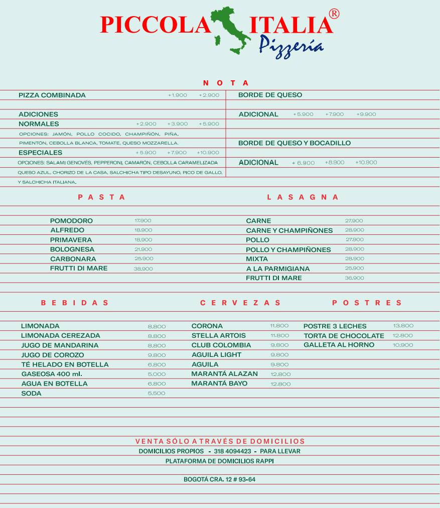 Carta de Pizzería Piccola Italia Parque 93 Bogotá, Bogotá