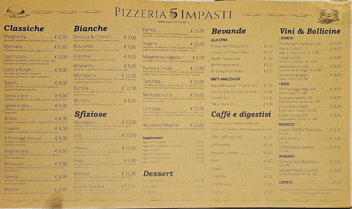 Menu di Pizzeria 5 Impasti Livorno 