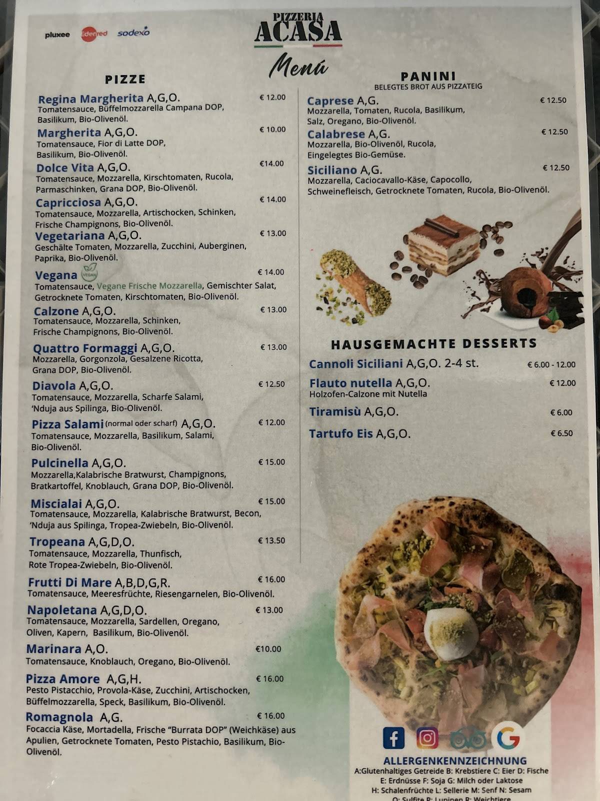 Speisekarte von Pizzeria A CASA, Innsbruck