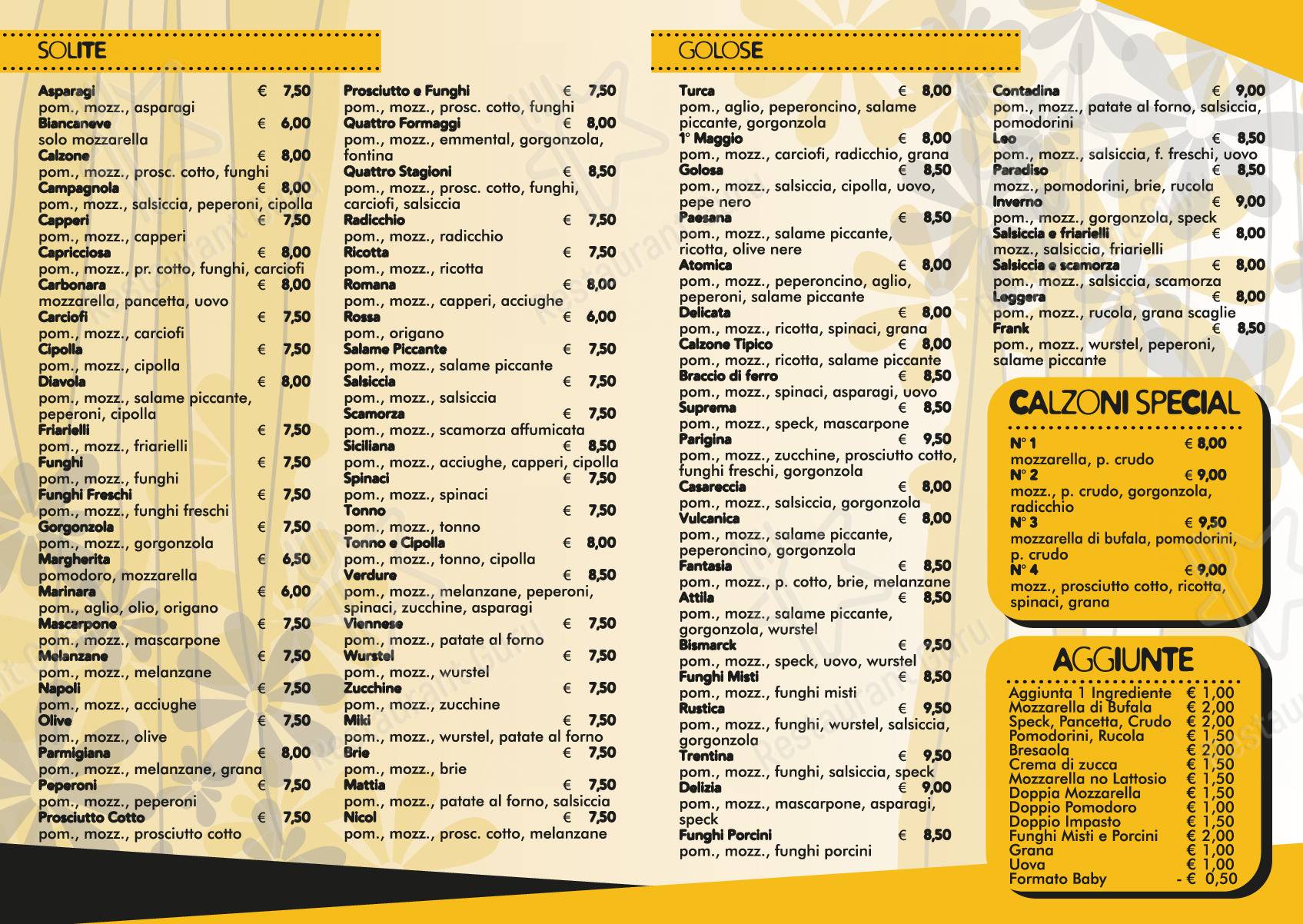 Menu di Pizzeria I Maggio di Bondanelli Michela - pasti e bevande
