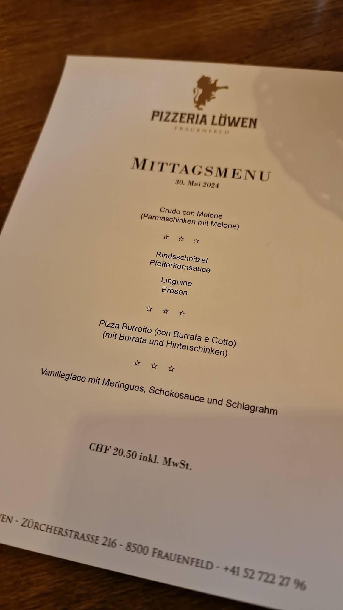 Menu di Pizzeria Löwen 