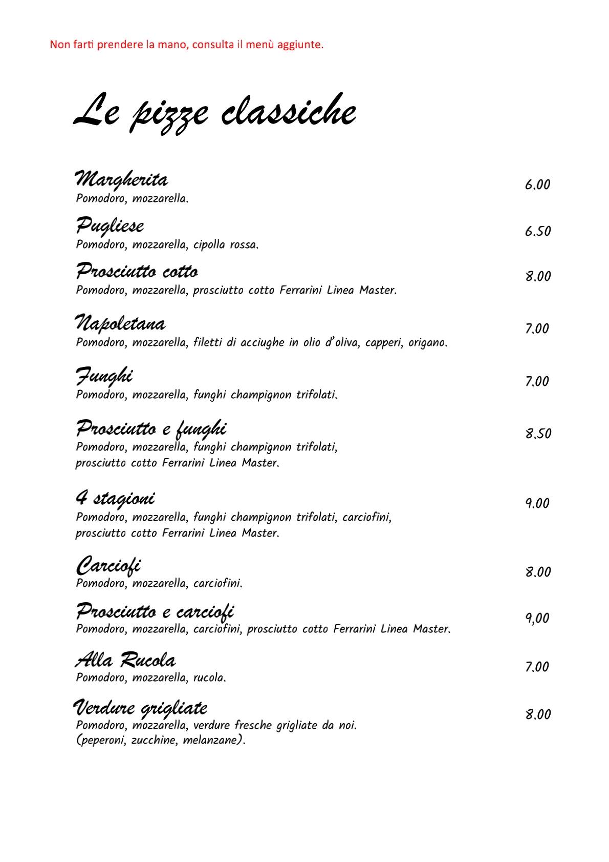 Menu di Pizzeria Paderna 