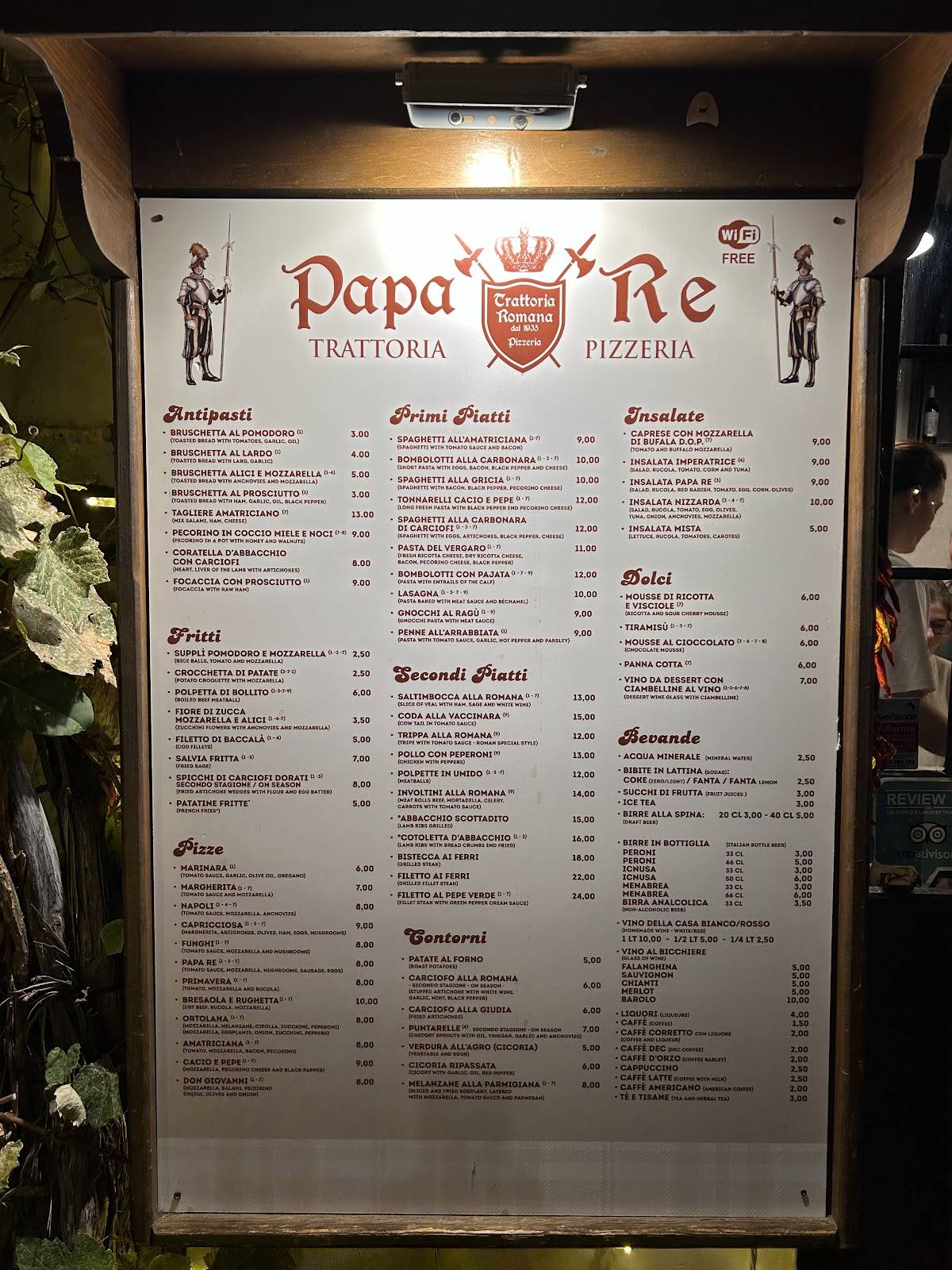 Menu di Papa Re - Trastevere 