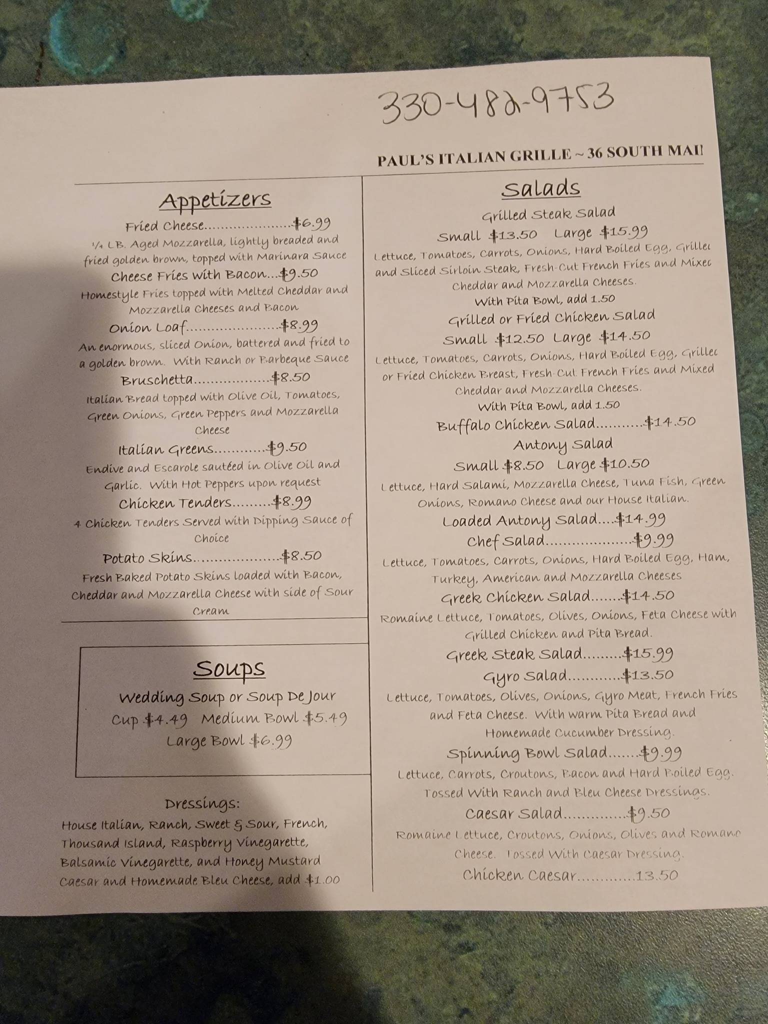 Menu at Paul's Italian Grille pizzeria, Columbiana