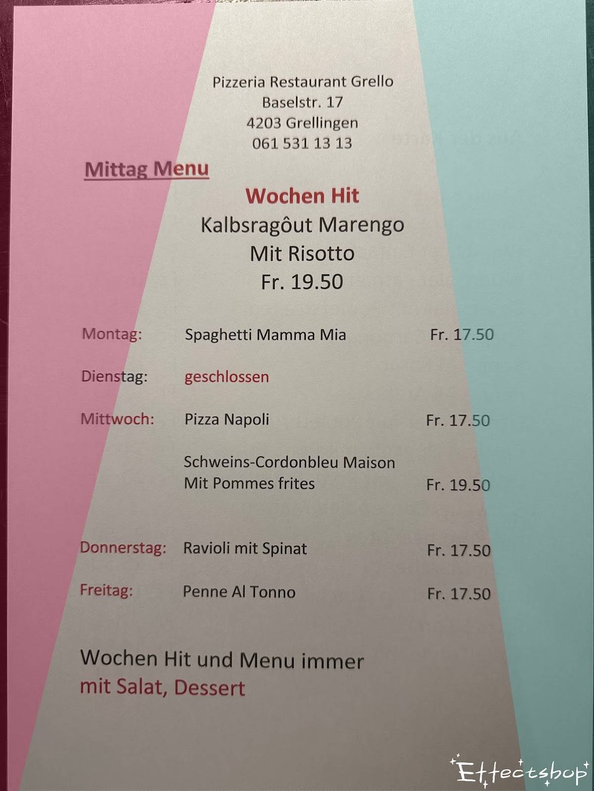 Menu di Pizzeria Restaurant Grello 