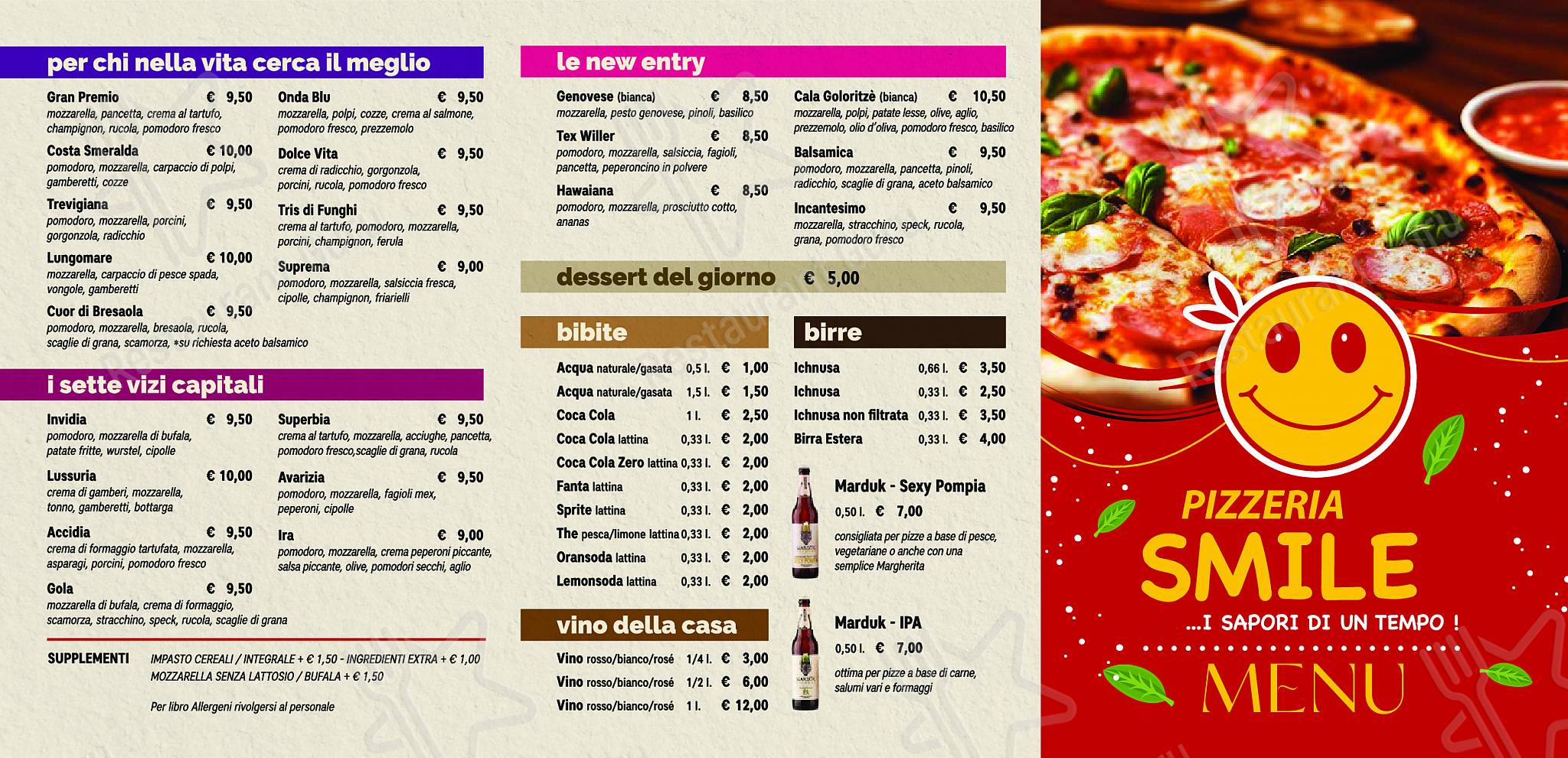 Menu di Pizzeria Smile - pasti e bevande