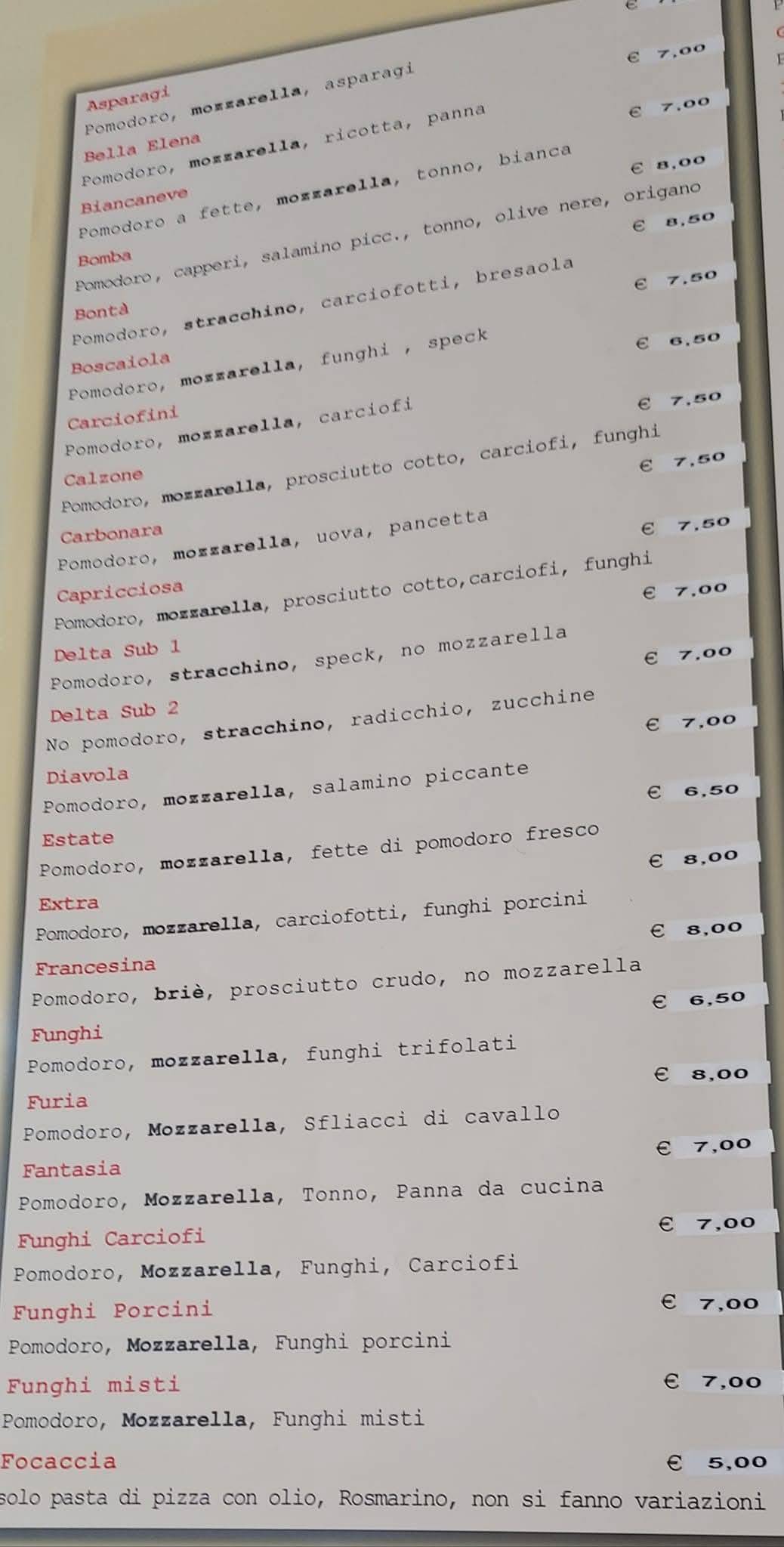 Menu di Pizzeria Tiffany Adria 