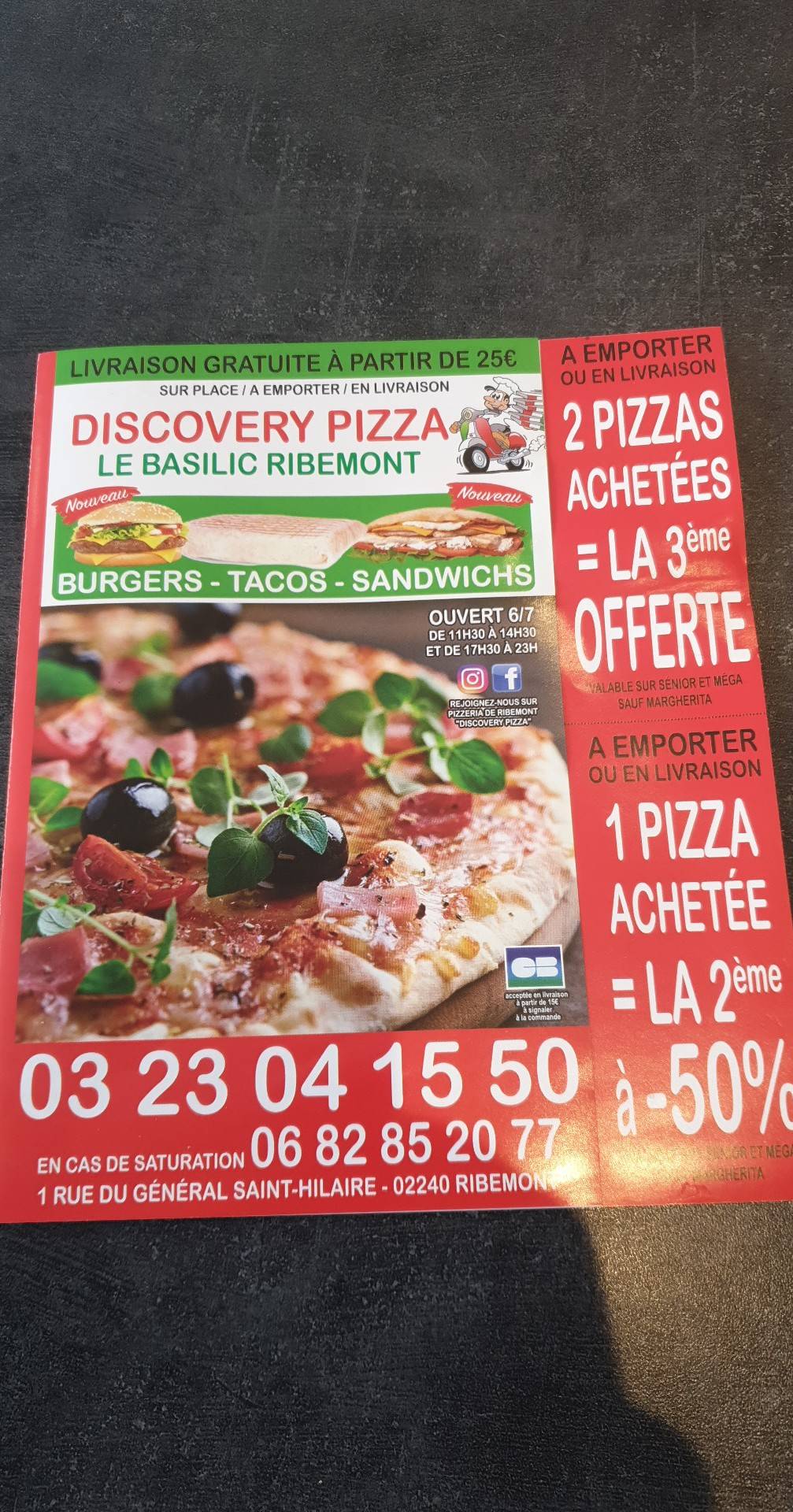 Menu de Pizzeria de Ribemont Discovery Pizza/Le Basilic