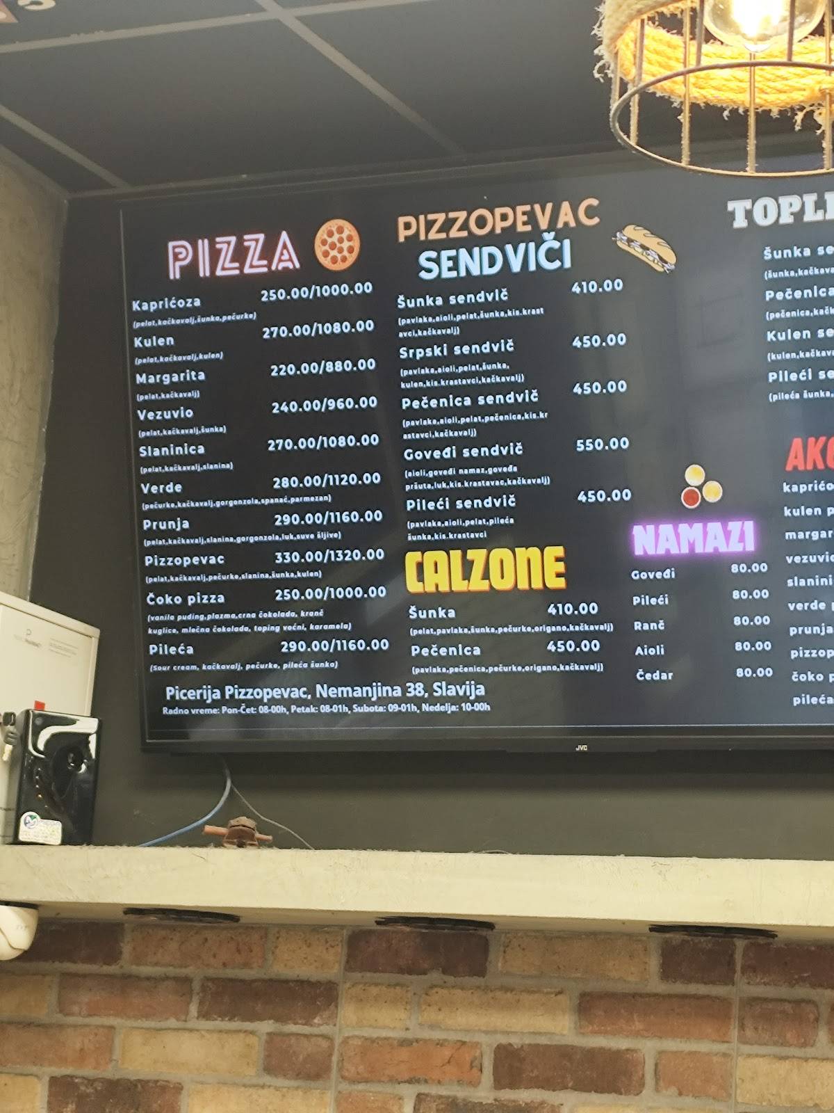 Menu de Pizzopevac