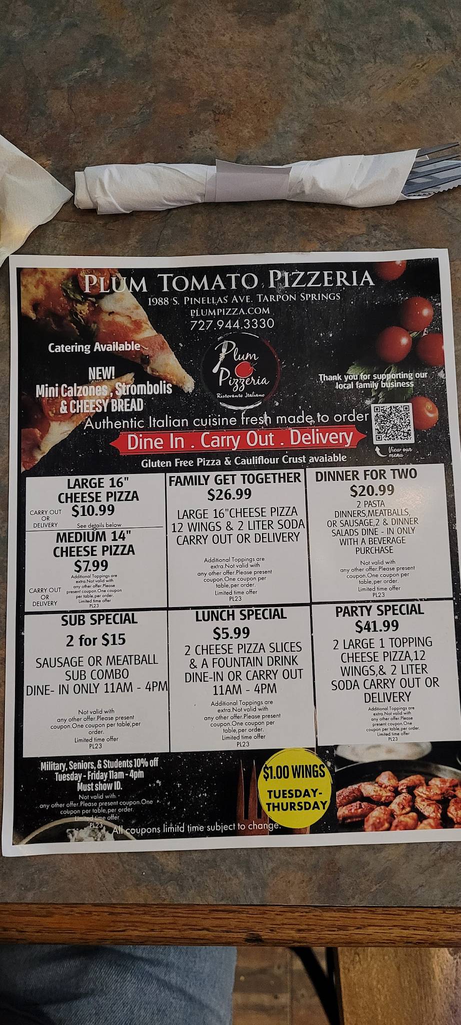Menu at Plum Tomato Pizzeria, Tarpon Springs, Pinellas Ave