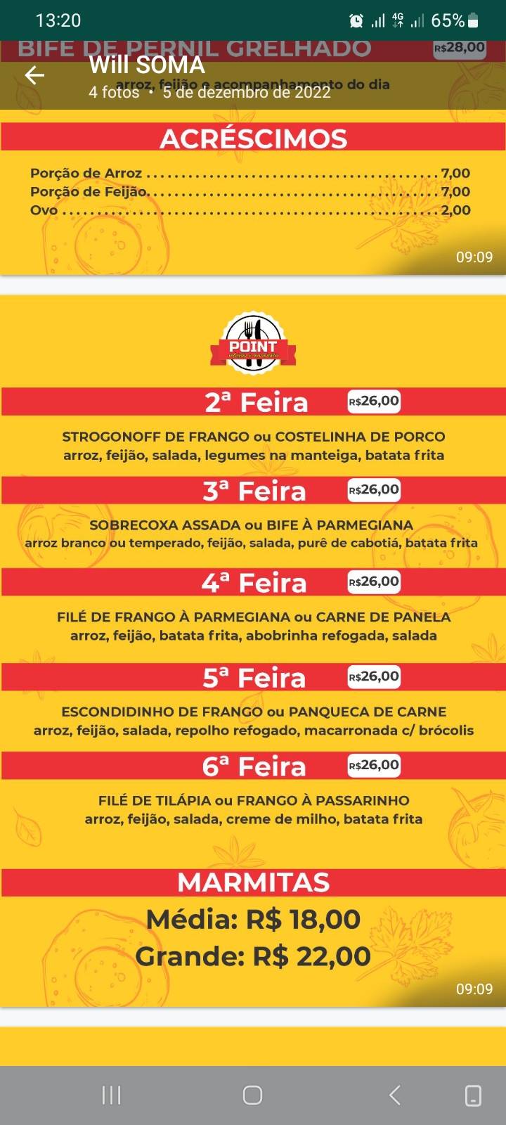 Point da Refeição e Marmitaria cardápio