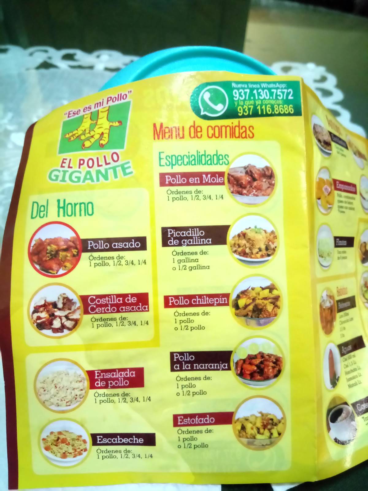 Carta del restaurante El Pollo Gigante, Comalcalco, Bougambilia 117