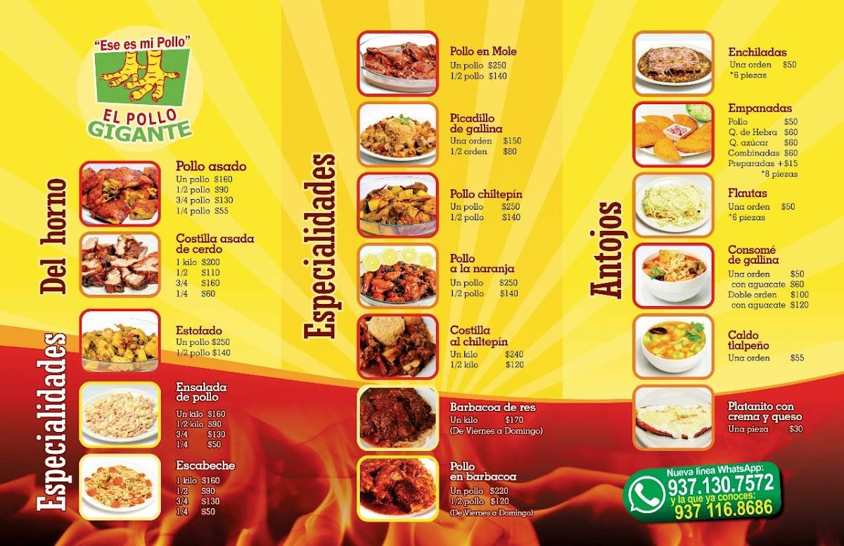 Carta del restaurante El Pollo Gigante, Comalcalco, Bougambilia 117