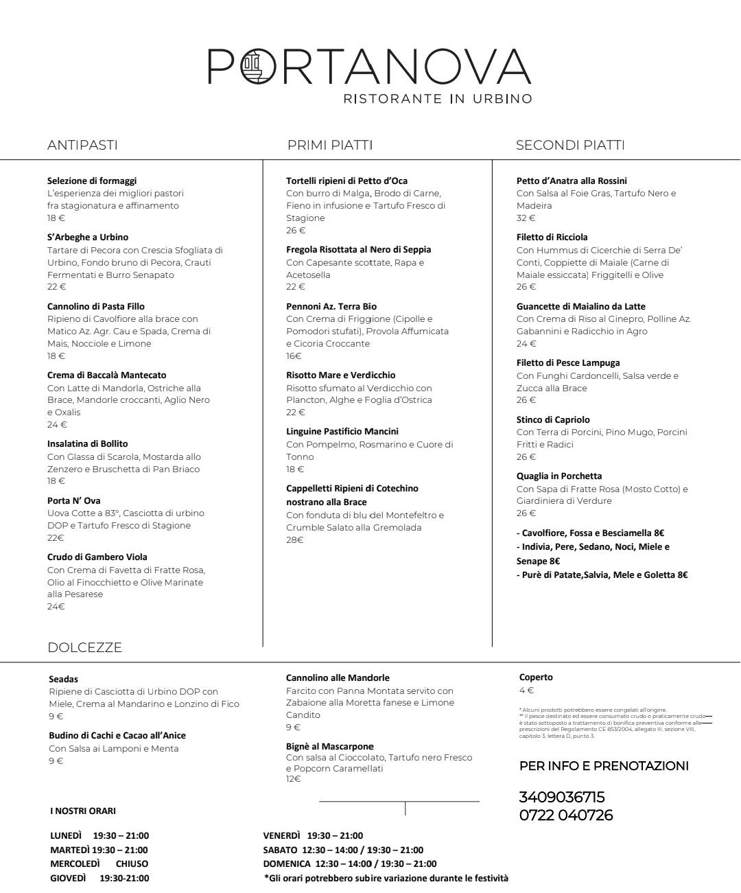 Menu di Portanova Ristorante in Urbino 