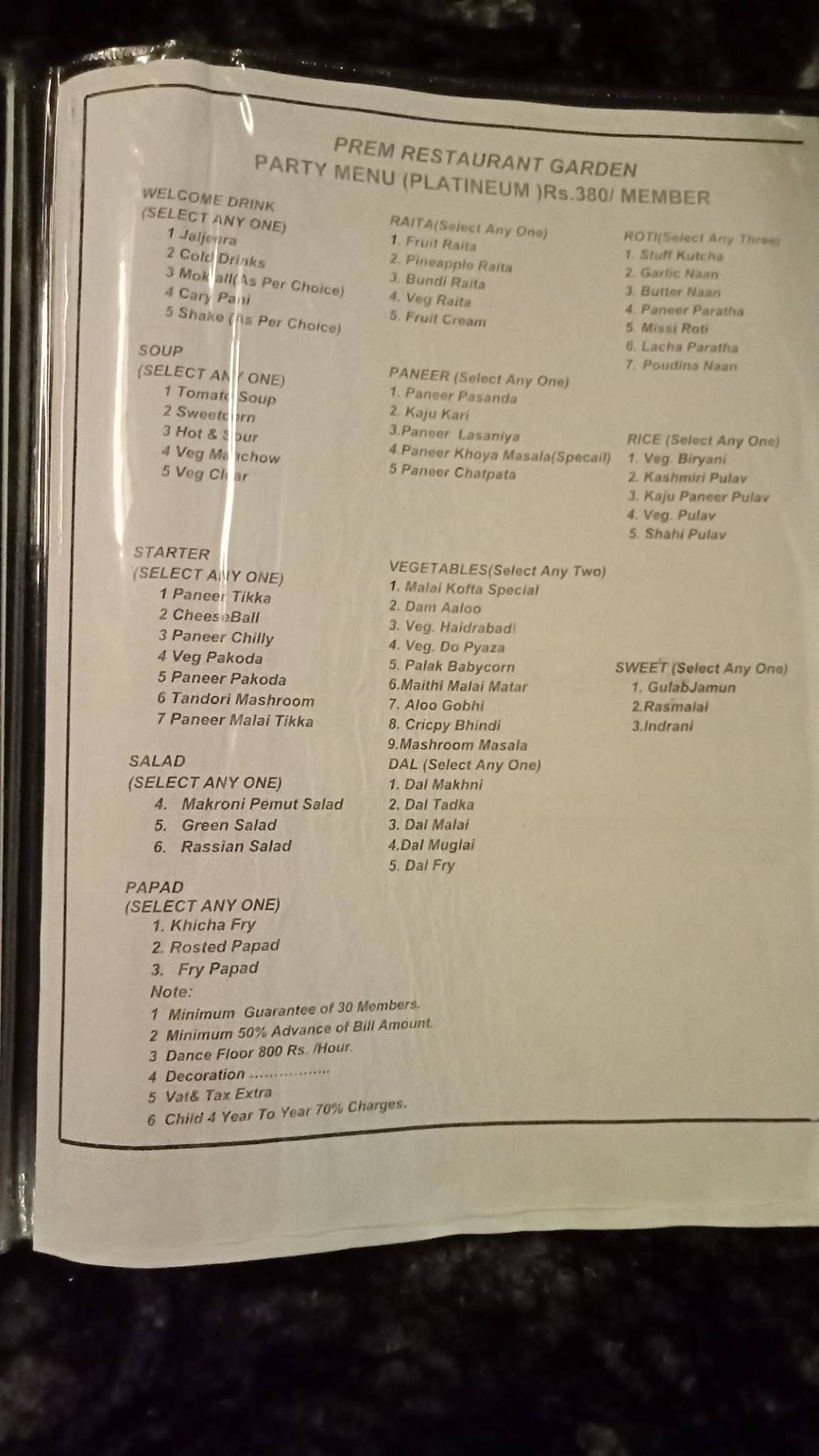 Prem Restaurant & Garden menu