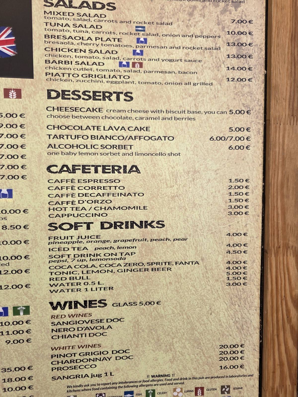 Menu di Pub Bull & Bush 