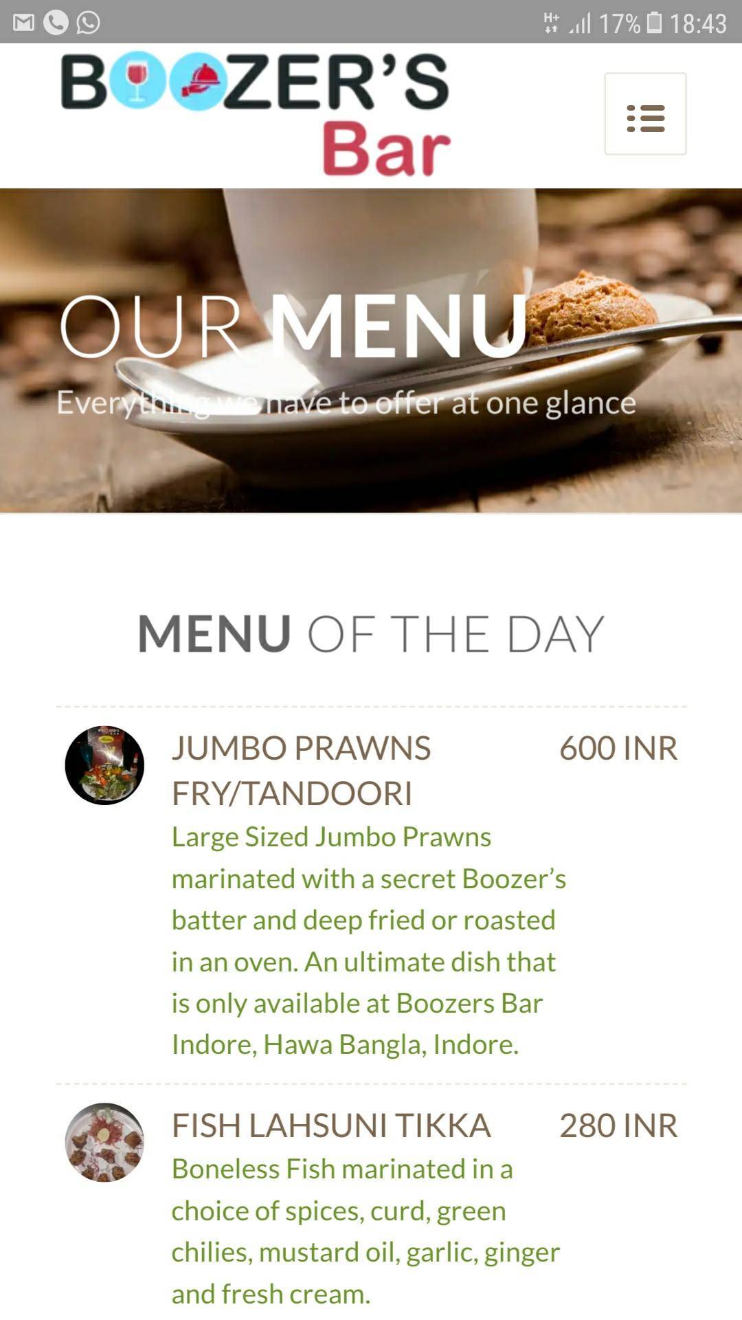 Boozer's Bar menu