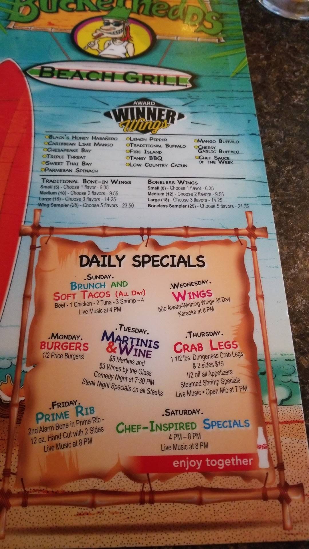 Menu at Bucketheads Beach Grill pub & bar, Virginia Beach