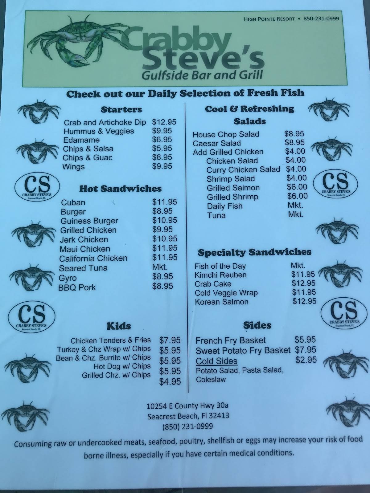 Menu at Crabby Steves Highpointe pub & bar, Rosemary Beach