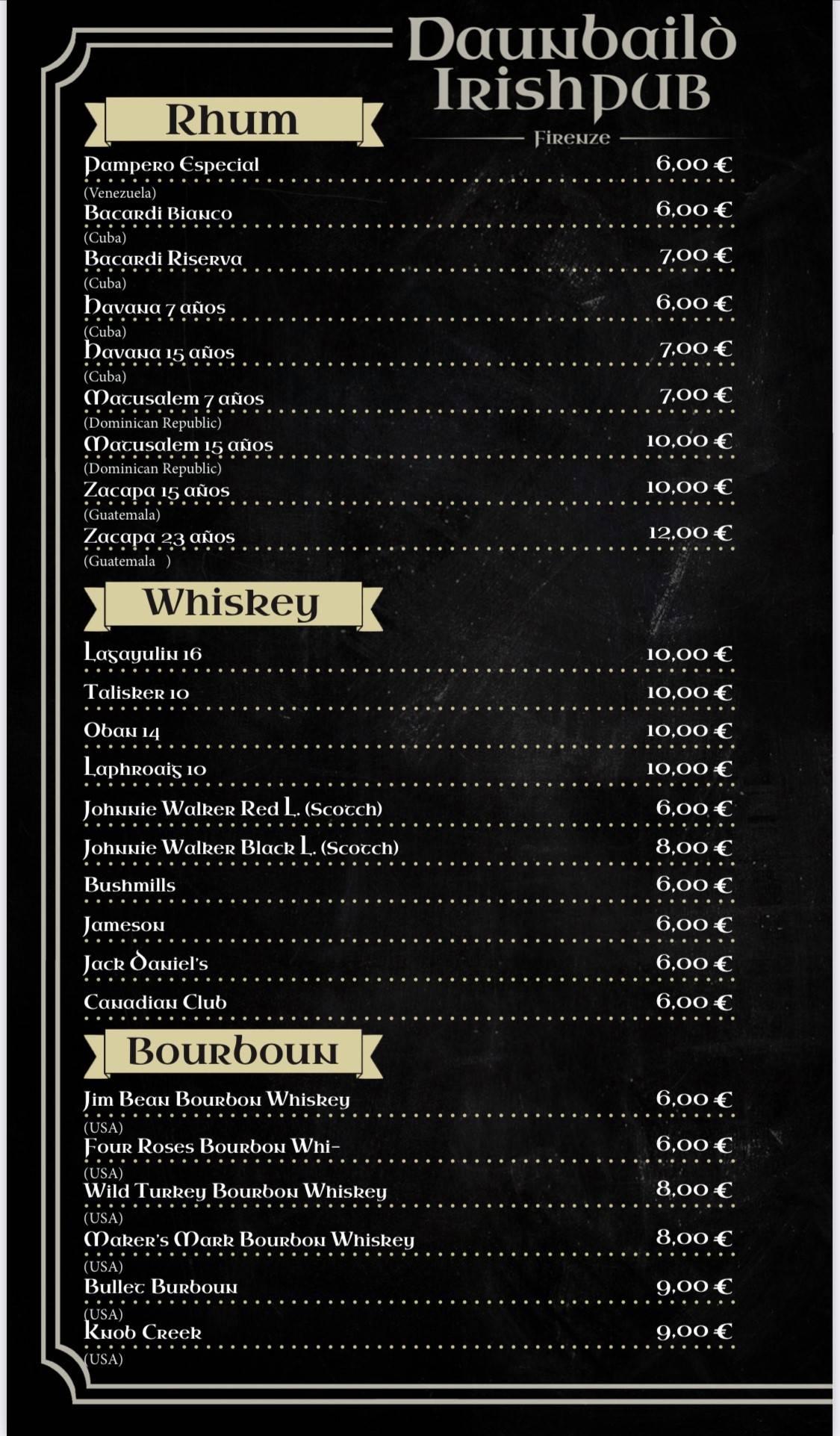 Menu di Daunbailo' Irish Pub 