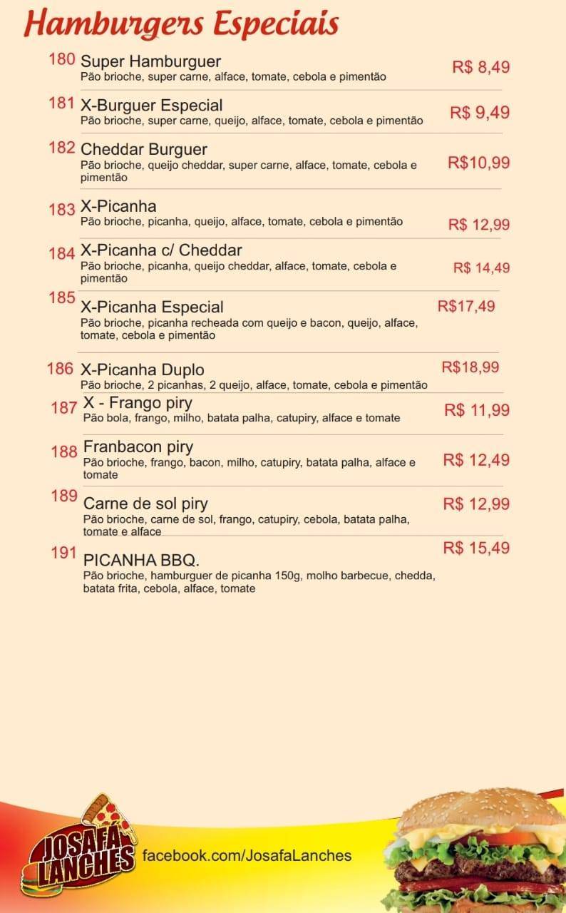 Josafá lanches cardápio