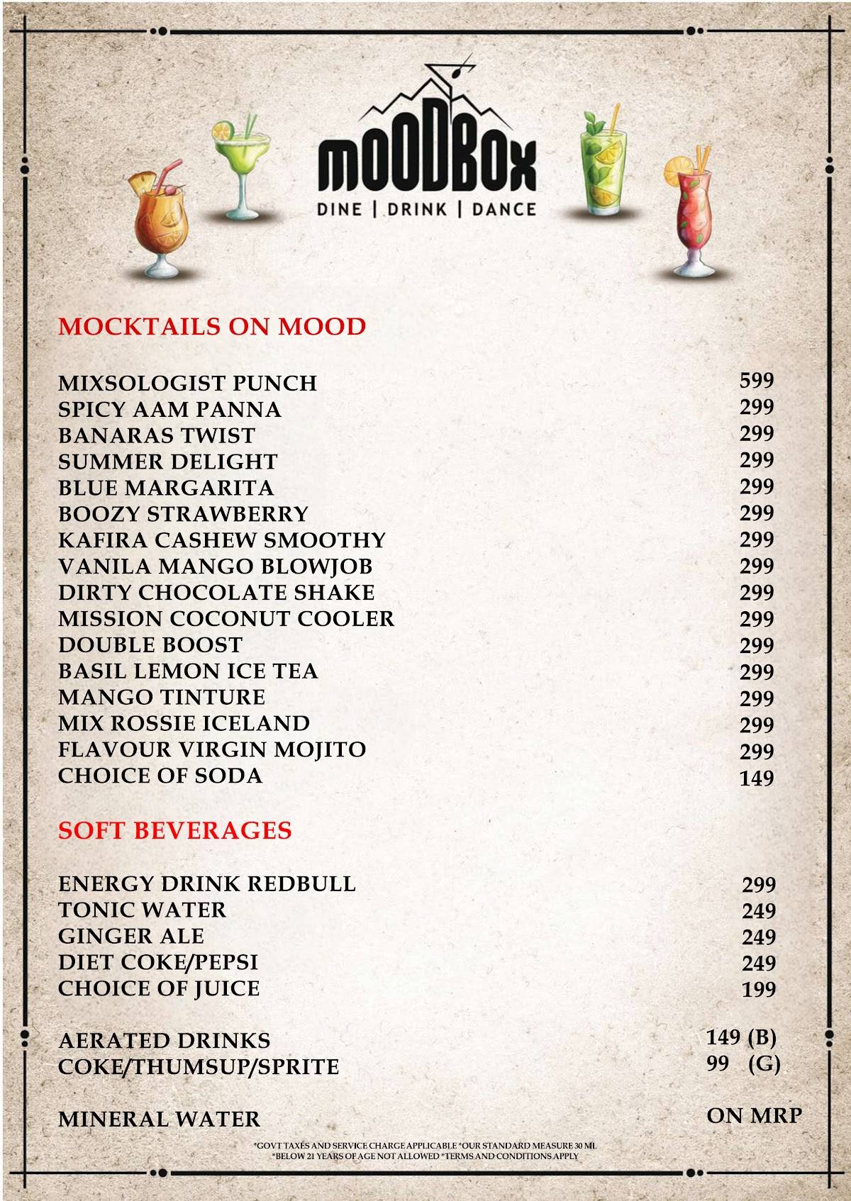 Mood Box Best Pub & Nightclub in Newtown Corporate Party Venue in Newtown menu