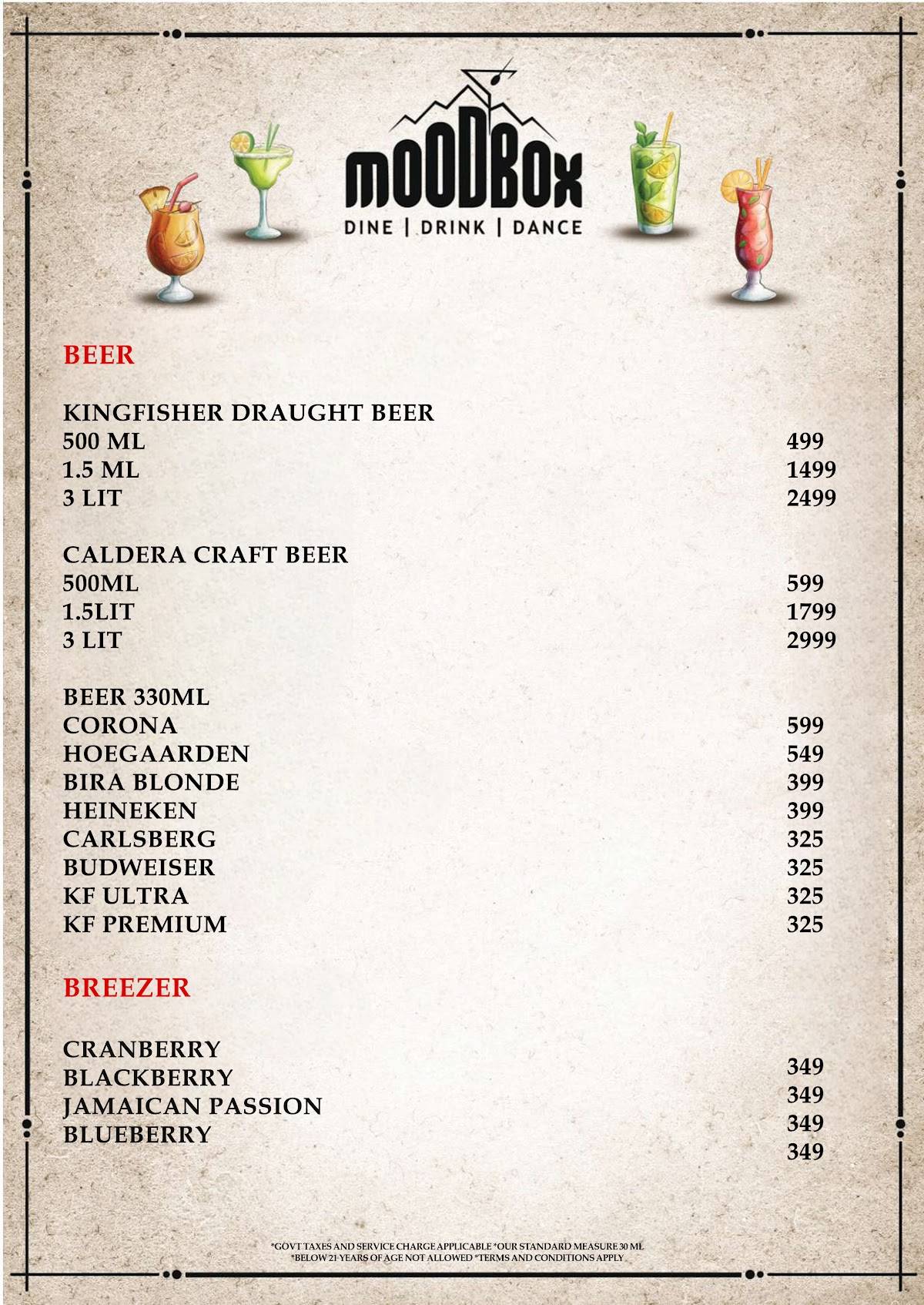 Mood Box Best Pub & Nightclub in Newtown Corporate Party Venue in Newtown menu