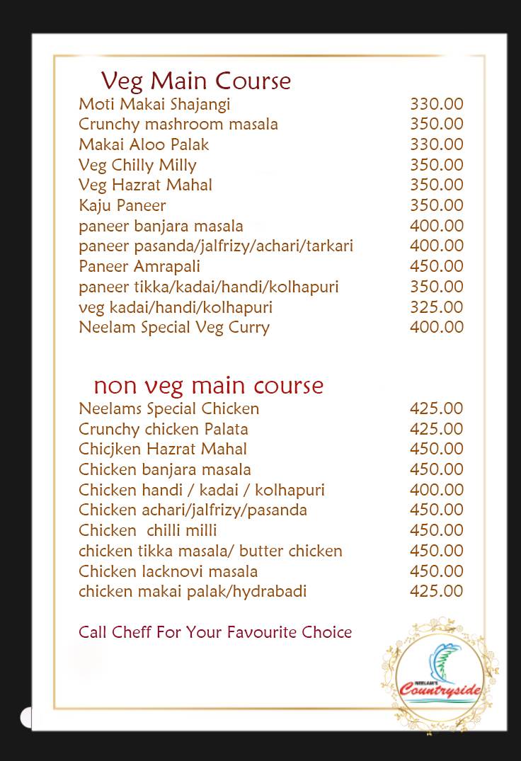 Neelams Countryside menu