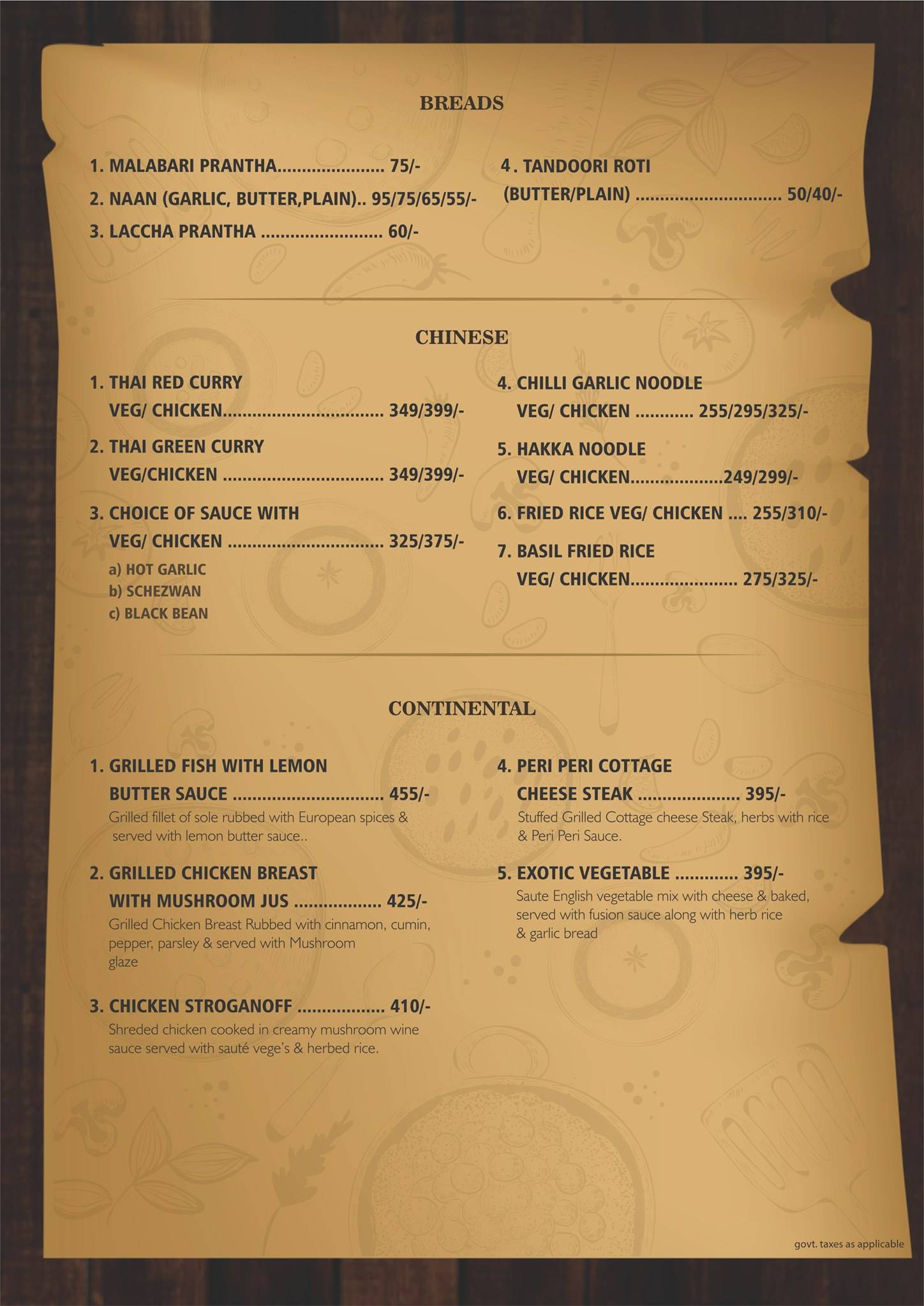 Pipe and Barrel menu