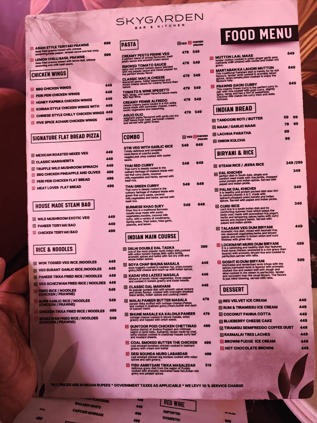 Skygarden Bar & Kitchen koramangala menu