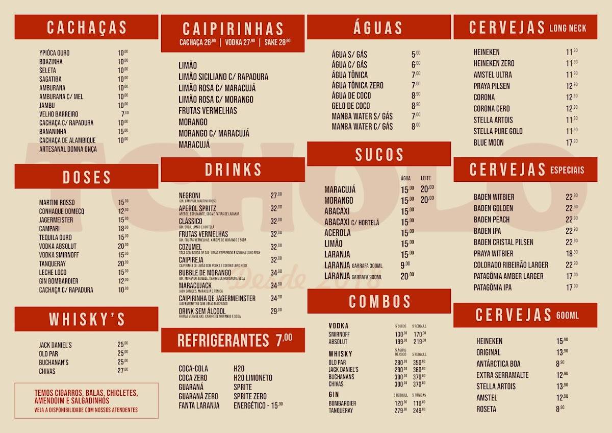 Tcholo Bar e Petiscaria cardápio