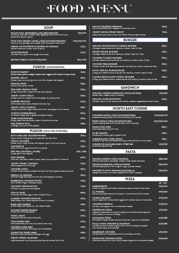 The Attic Lounge menu