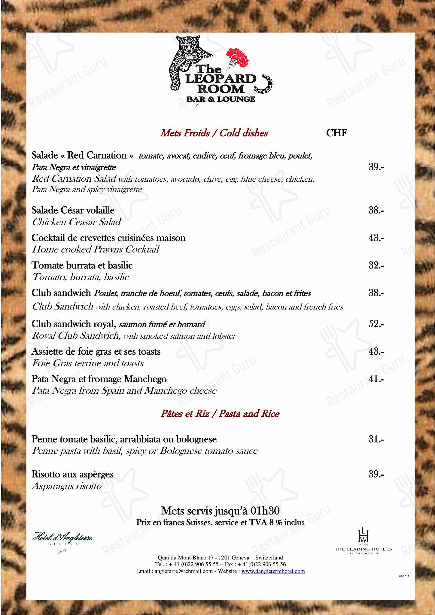 Dinner Menu pour The Leopard Room Bar & Lounge dans Genève