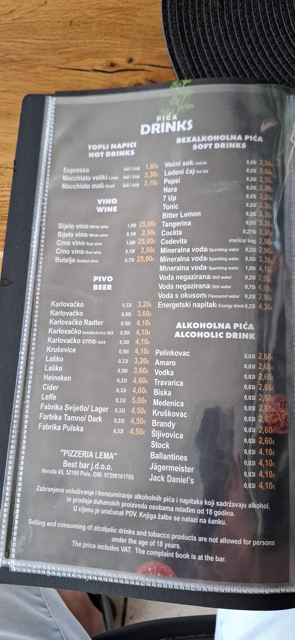Menu di Pizzeria LEMA 